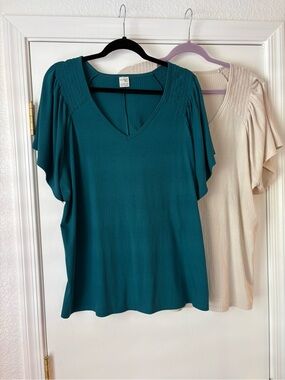Plus size Terra & Sky Teal Ribbed V-Neck Short Sleeve Tops